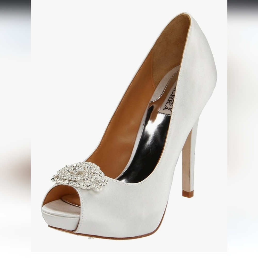 Badgley Mischka White Satin Goodie Peep-Toe Heels